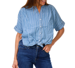 Thumbnail 1: Hope & Harlow Women's Petite Striped Button & Tie Front Dolman Top 