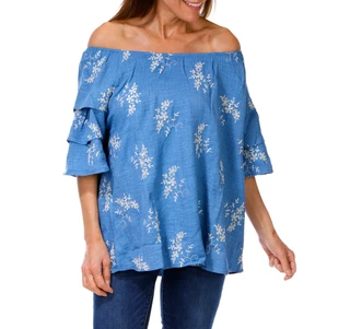 Thumbnail 1: AMANA Women's Embroidered Floral Eyelet Off Shoulder Top 