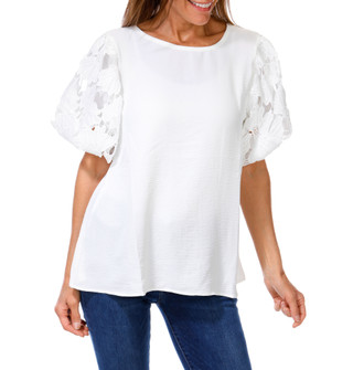 Thumbnail 1: AMANA Women's Floral Lace Puff Sleeve Top 