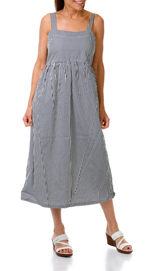 Thumbnail 1: BOBEAU Women's Striped Square Neck Midi Dress 