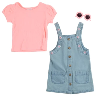 Thumbnail 3: Little Lass Little Girls 2 Pc Floral Denim Jumper & Sunglasses Set 