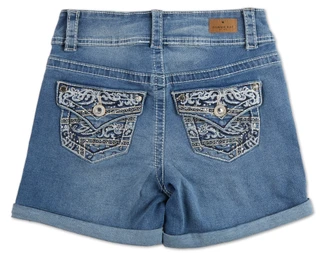 Thumbnail 2: GEMMA RAE Juniors Bling Back Curvy Midthigh Denim Shorts 