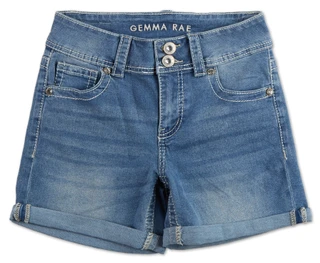 Thumbnail 1: GEMMA RAE Juniors Bling Back Curvy Midthigh Denim Shorts 