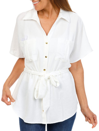 Thumbnail 1: 3RD & MALT Women's Button Down Tie Waist Top  