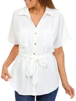 Thumbnail 1: 3RD & MALT Women's Button Down Tie Waist Top  