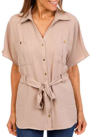 Thumbnail 1: 3RD & MALT Women's Button Down Tie Waist Top  