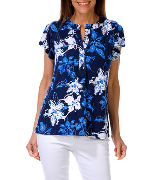 Thumbnail 1: AMANA Women's Short Sleeve Pom Pom Placket V-Neckline Top 