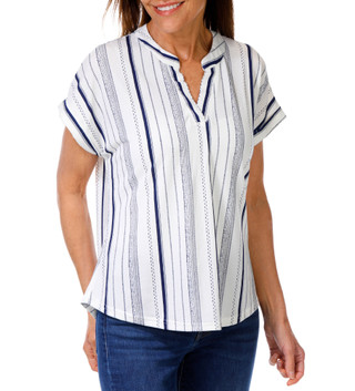 Thumbnail 1: Fifty Street Women's Short Sleeve Stripe Notch Collar Top  