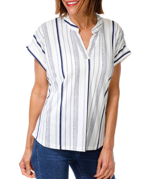 Thumbnail 1: Fifty Street Women's Short Sleeve Stripe Notch Collar Top  
