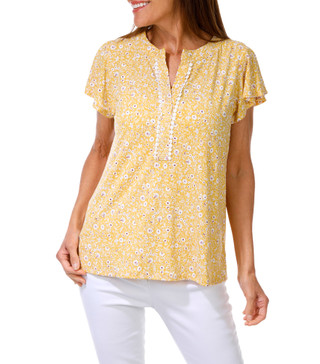 Thumbnail 1: AMANA Women's Short Sleeve Pom Pom Placket V-Neckline Blouse 