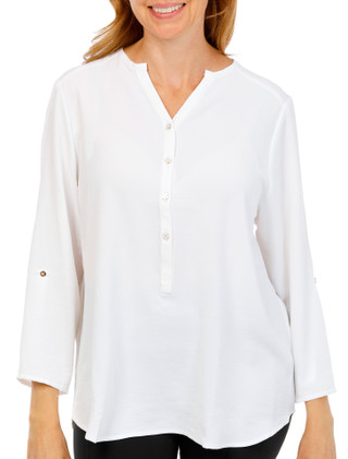 Thumbnail 3: Grand & Greene Women's 3/4 Sleeve Roll Tab Split Neck Top 