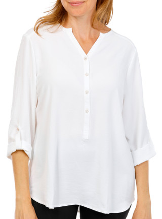 Thumbnail 1: Grand & Greene Women's 3/4 Sleeve Roll Tab Split Neck Top 