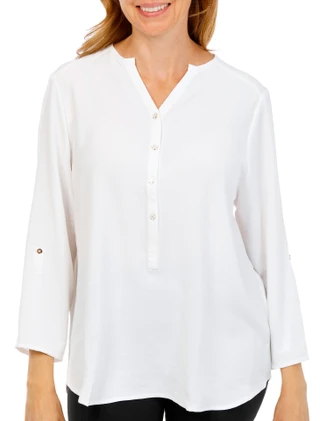 Thumbnail 2: Grand & Greene Women's 3/4 Sleeve Roll Tab Split Neck Top 