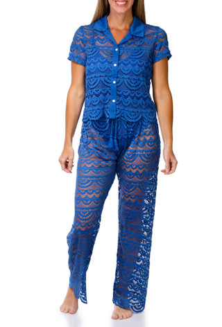Thumbnail 1: Miken Swim Women's 2 Pc Crochet Button Down Top & Pants Cover Up Set 