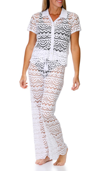 Thumbnail 1: Miken Swim Women's 2 Pc Crochet Button Down Top & Pants Cover Up Set 