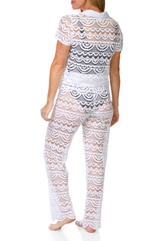 Thumbnail 2: Miken Swim Women's 2 Pc Crochet Button Down Top & Pants Cover Up Set 