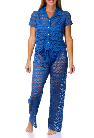 Thumbnail 1: Miken Swim Women's 2 Pc Crochet Button Down Top & Pants Cover Up Set 