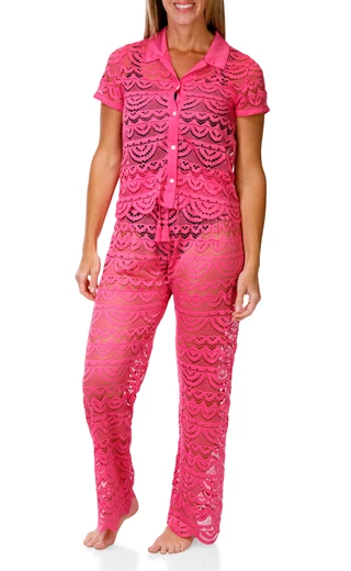 Thumbnail 1: Miken Swim Women's 2 Pc Crochet Button Down Top & Pants Cover Up Set 
