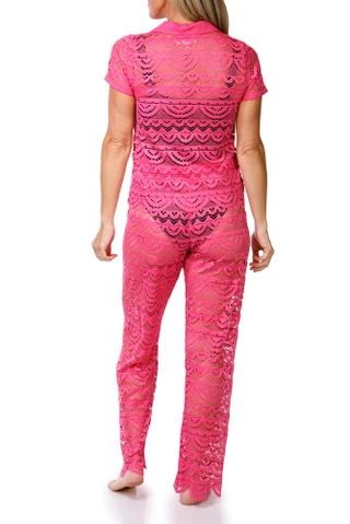 Thumbnail 2: Miken Swim Women's 2 Pc Crochet Button Down Top & Pants Cover Up Set 