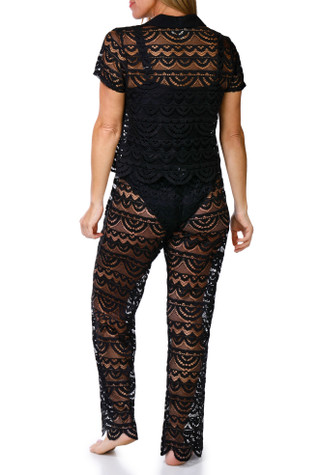 Thumbnail 2: Miken Swim Women's 2 Pc Crochet Button Down Top & Pants Cover Up Set 