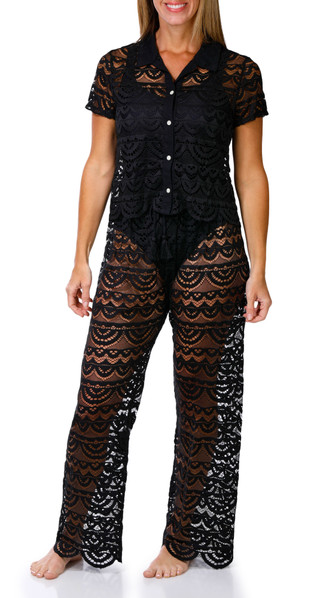Thumbnail 1: Miken Swim Women's 2 Pc Crochet Button Down Top & Pants Cover Up Set 