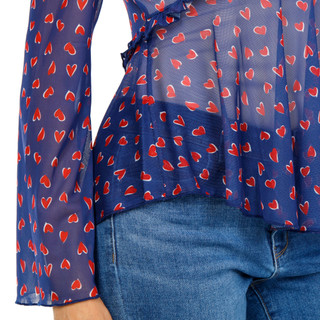 Thumbnail 3: BUNULU Women's Heart Print Bell Sleeve Mesh Top 