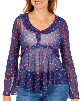 Thumbnail 1: BUNULU Women's Heart Print Bell Sleeve Mesh Top 