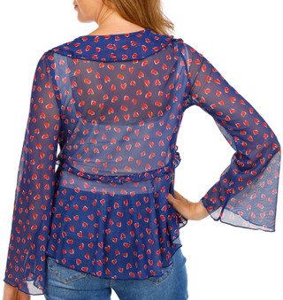 Thumbnail 2: BUNULU Women's Heart Print Bell Sleeve Mesh Top 