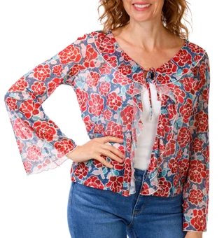 Thumbnail 1: BUNULU Women's Bell Sleeve Ruffle Front Mesh Top 