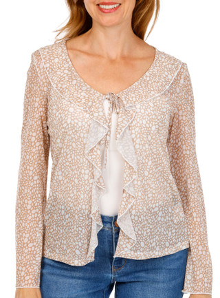 Thumbnail 1: BUNULU Women's Bell Sleeve Ruffle Front Mesh Top 