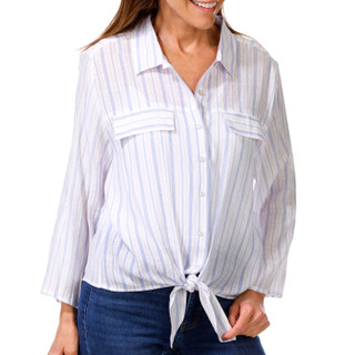 Thumbnail 1: Grand & Green Women's 3/4 Sleeve Button Down Tie Front Top 