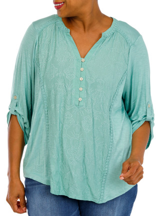 Thumbnail 1: Democracy Women's Plus Embroidered Roll Tab Sleeve Top 