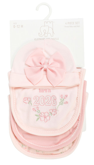 Thumbnail 1: ELEPHANT AND CASTLE Baby Girls 4 Pc Bib & Hat Set 