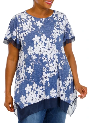 Thumbnail 1: AMANA Women's Plus Floral Textured Chiffon Trim Top 