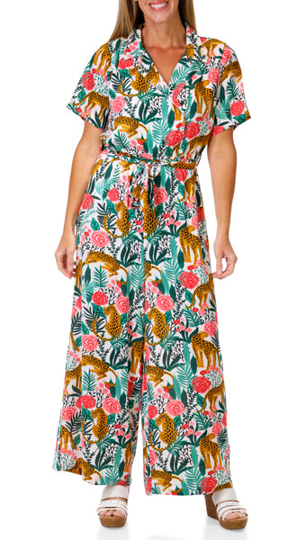 Thumbnail 1: America & Beyond Women's Jaguar Paradise Short Sleeve Jumpsuit 