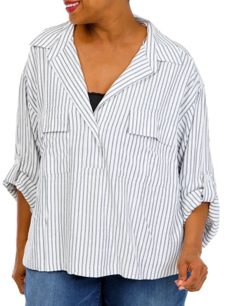Thumbnail 1: MAX STUDIO Women's Plus Striped Two Pocket Henley Top 