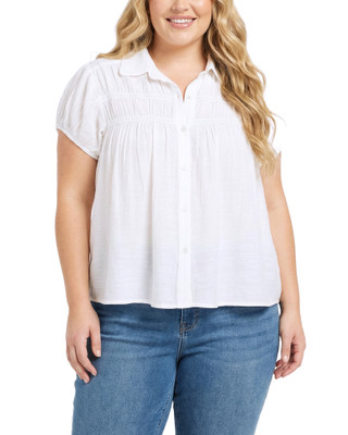 Thumbnail 1: Ny Collection Plus Solid Ruched Yoke Neck Short Sleeve Top 