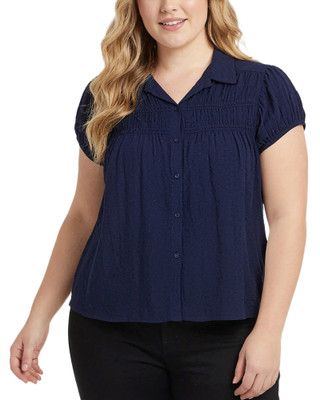Thumbnail 1: Ny Collection Plus Solid Ruched Yoke Neck Short Sleeve Top 