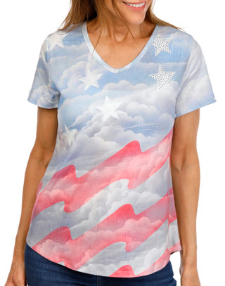Thumbnail 1: ONE WORLD Petite Short Sleeve Faded Americana Flag Tee 