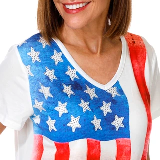 Thumbnail 3: ONE WORLD Petite Short Sleeve Faded Americana Flag Tee 