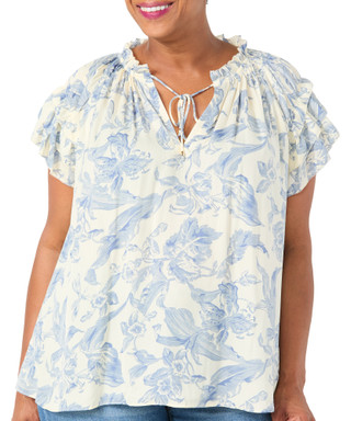 Thumbnail 1: Philosophy Plus Short Sleeve Tie Neck Peasant Top 