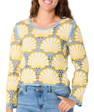 Thumbnail 1: REBELLION Juniors Long Sleeve Seashell Crochet Top 