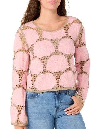 Thumbnail 1: REBELLION Juniors Long Sleeve Seashell Crochet Top 