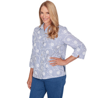 Thumbnail 5: Alfred Dunner Womens 3Q Sleeve Puff Print Pinstripe Top 