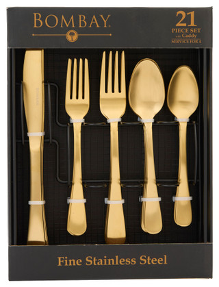 Thumbnail 1: Bombay 21 Pc Matte Gold Flatware Set with Caddy 