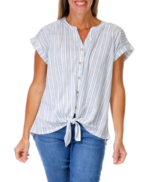 Thumbnail 1: Fifty Street Women's Stripe Print Tie Front Top 
