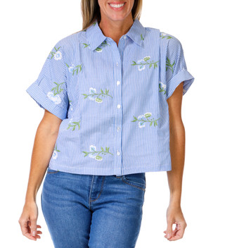 Thumbnail 1: Tahari Women's Embroidered Stripe Print Button Down Top  