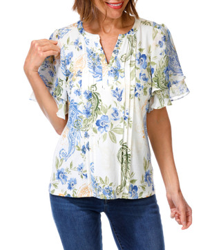 Thumbnail 1: PerSeption Concept Women's Floral Print Flutter Sleeve V-neck Pleated Top  