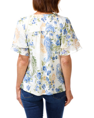 Thumbnail 2: PerSeption Concept Women's Floral Print Flutter Sleeve V-neck Pleated Top  