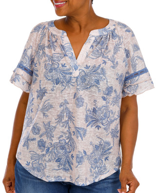 Thumbnail 1: Chenault Plus Ruffle Sleeve Split Neck Top 